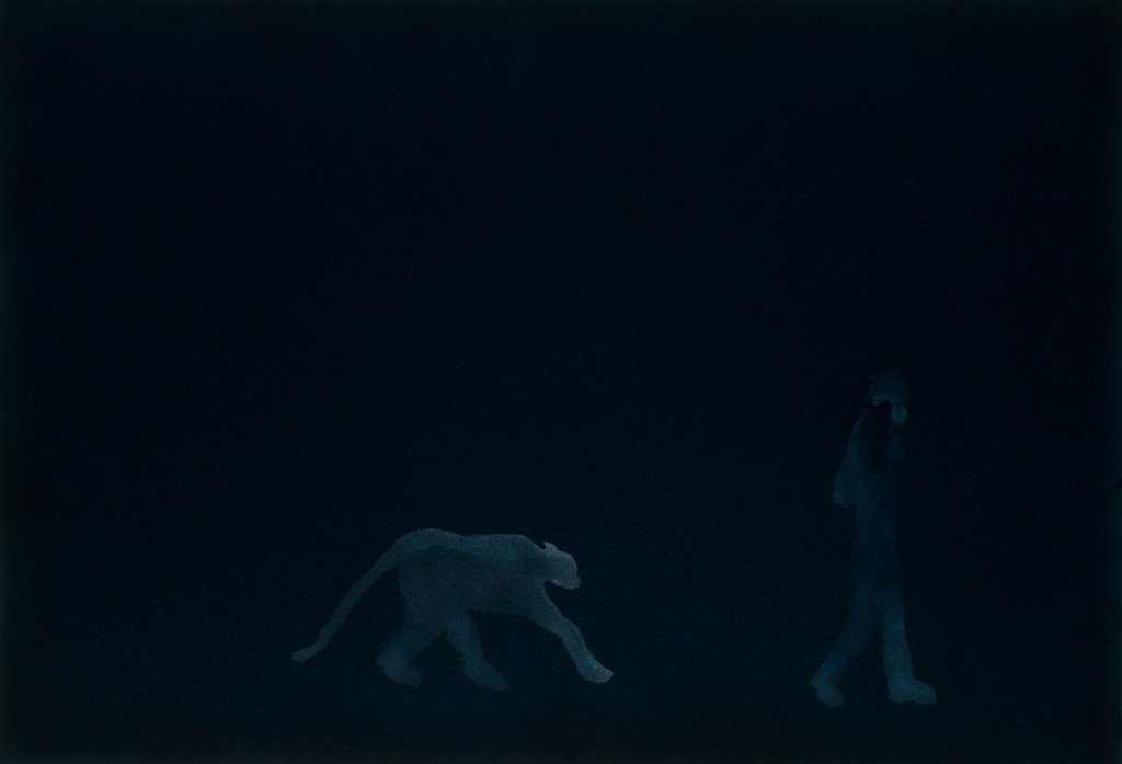 Watercolor painting Self Portrait with Stalking Cougar by artist Suzanne Walters. Artwork is watercolor on paper.