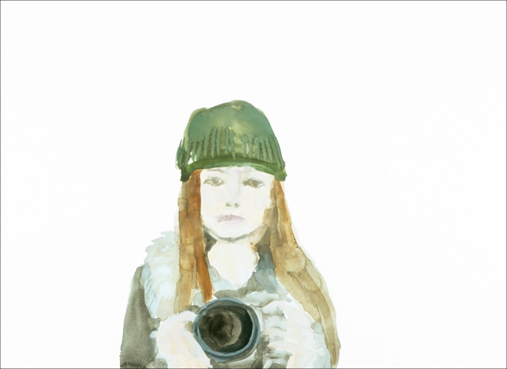 Watercolor painting Self Portrait with Camera by artist Suzanne Walters. Artwork is watercolor on paper.