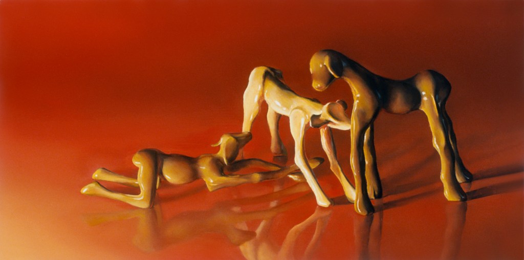 image of painting Untitled (Three Figures on Small Orange Ground) oil on panel